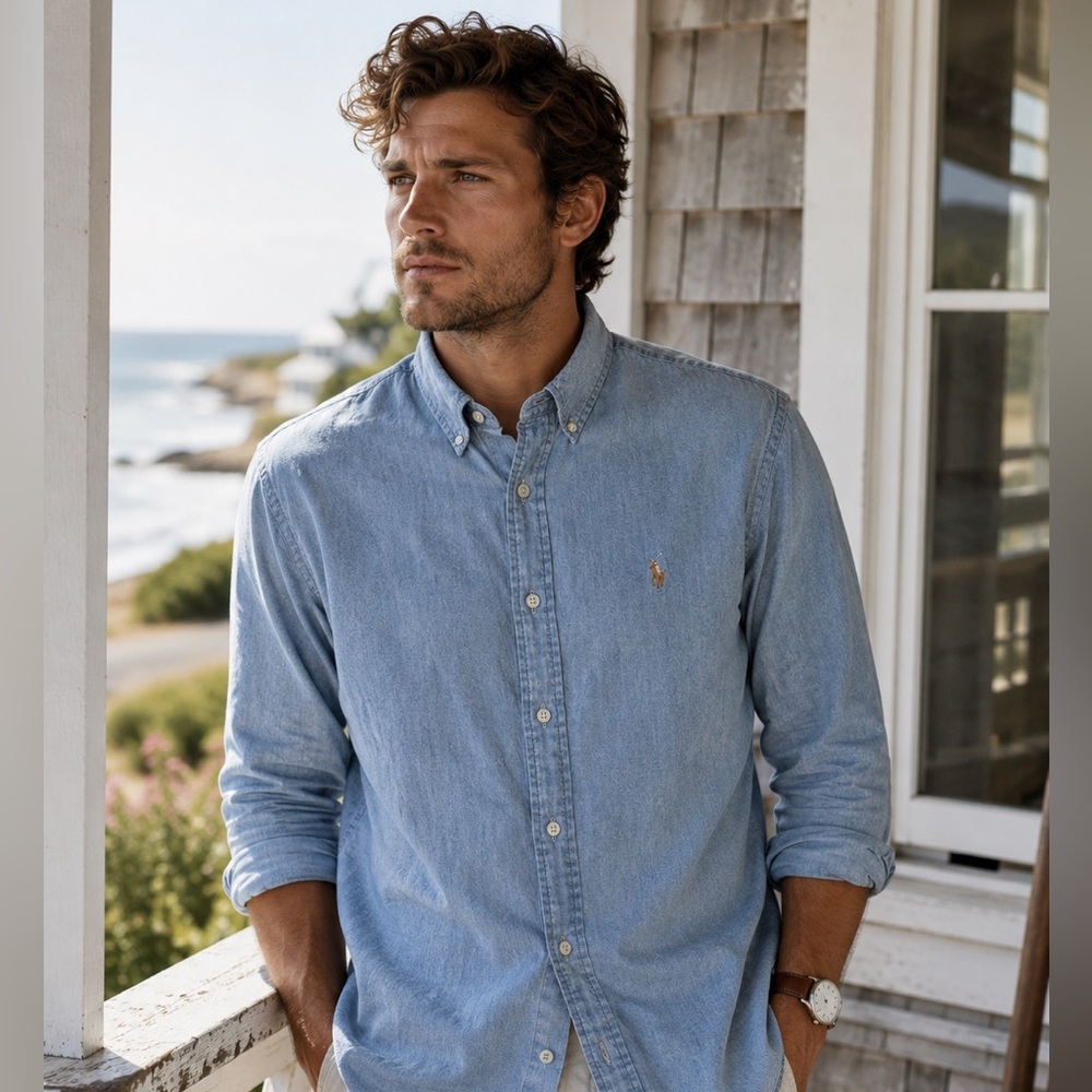 Polo Ralph Lauren Chambray Shirt Men Medium Classic Fit Flesh Pony Button Down